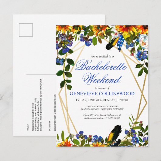 Boho Sunflower Blue Bachelorette Weekend Itinerary Uitnodiging Briefkaart (Voorkant / Achterkant)