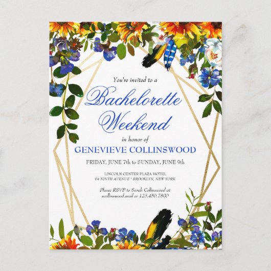 Boho Sunflower Blue Bachelorette Weekend Itinerary Uitnodiging Briefkaart (Voorkant)