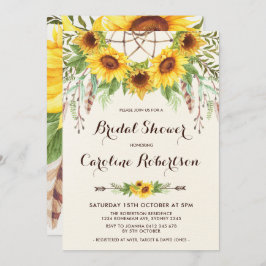 Boho Sunflower Bridal Shower Invitation Feathers Kaart