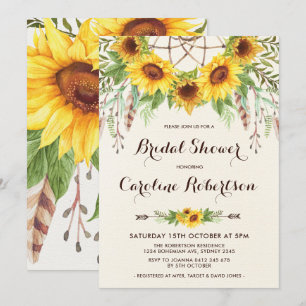 Boho Sunflower Bridal Shower Invitation Feathers Kaart