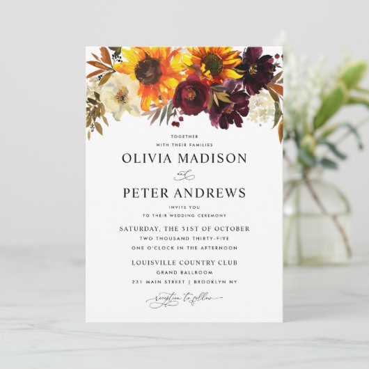 Boho Sunflower Burgundy Floral helemaal in één huw Kaart (Staand voorkant)