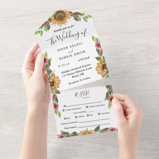 Boho Sunflower Complete RSVP Wedding All In One Uitnodiging (Afscheurbaar)