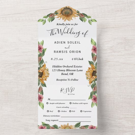 Boho Sunflower Complete RSVP Wedding All In One Uitnodiging (Binnen)