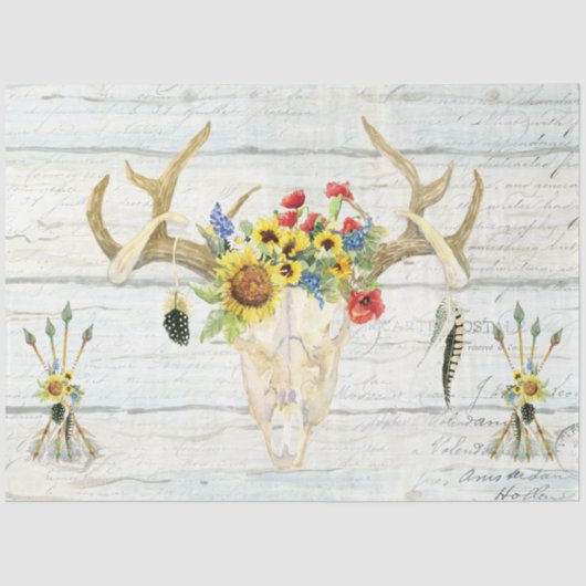BOHO Sunflower Deer Skull Florence Decoupage Tissuepapier (Voorkant)