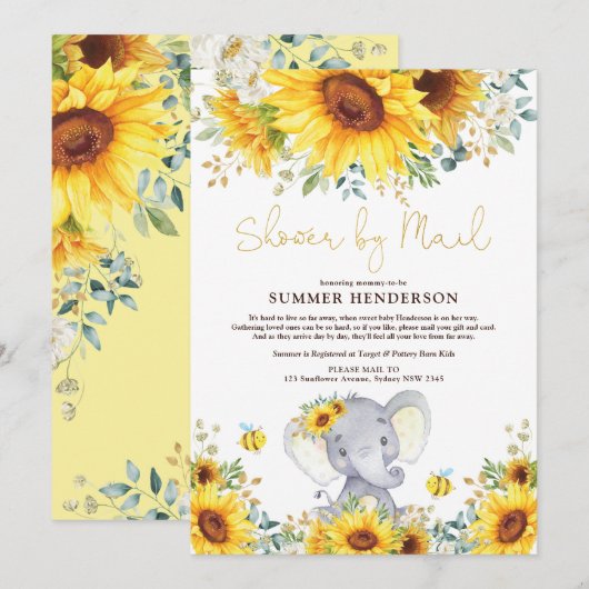 Boho Sunflower Elephant Baby shower per post Kaart (Voorkant / Achterkant)