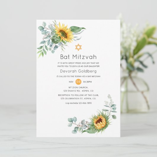 Boho Sunflower Eucalyptus Bat Mitzvah Kaart (Staand voorkant)