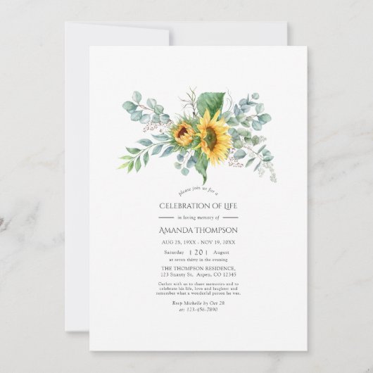 Boho Sunflower Eucalyptus Celebration of Life Invi Kaart (Voorkant)