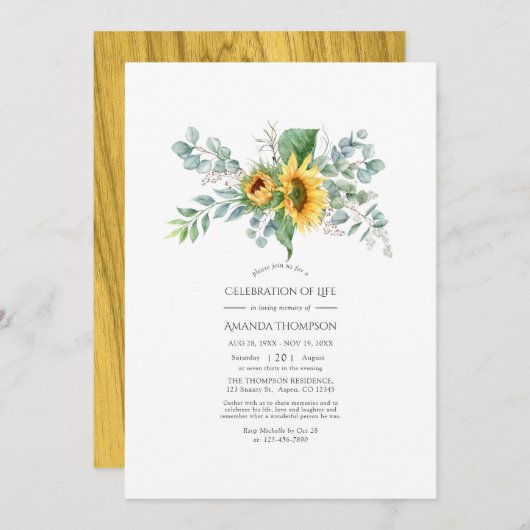 Boho Sunflower Eucalyptus Celebration of Life Invi Kaart (Voorkant / Achterkant)