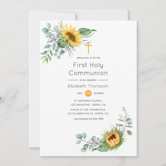 Boho Sunflower Eucalyptus Heilige Communie Kaart (Voorkant)