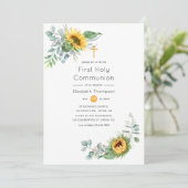 Boho Sunflower Eucalyptus Heilige Communie Kaart (Staand voorkant)