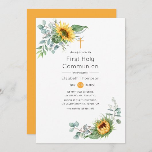 Boho Sunflower Eucalyptus Heilige Communie Kaart (Voorkant / Achterkant)