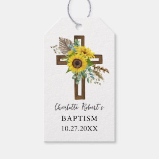 Boho Sunflower & Eucalyptus Rustic Cross Baptism Cadeaulabel