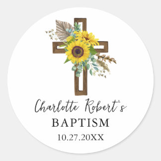 Boho Sunflower & Eucalyptus Rustic Cross Baptism Ronde Sticker