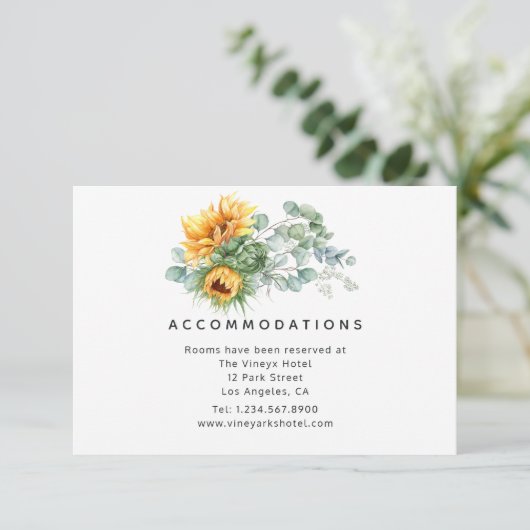 Boho Sunflower Eucalyptus Wedding Accommodations Informatiekaartje (Staand voorkant)