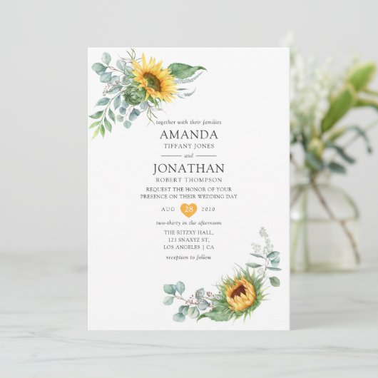 Boho Sunflower Eucalyptus Wedding Kaart (Staand voorkant)