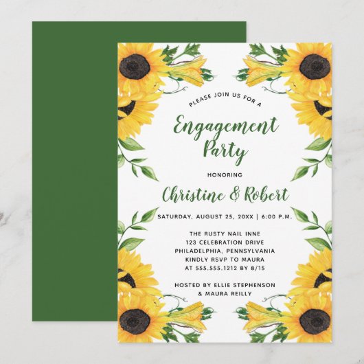 Boho Sunflower Floral | Green Engagement Party Kaart (Voorkant / Achterkant)