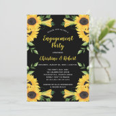 Boho Sunflower Floral | Zwarte Engagement Party Kaart (Staand voorkant)