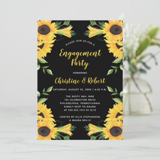 Boho Sunflower Floral | Zwarte Engagement Party Kaart (Staand voorkant)