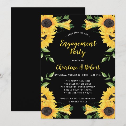 Boho Sunflower Floral | Zwarte Engagement Party Kaart (Voorkant / Achterkant)