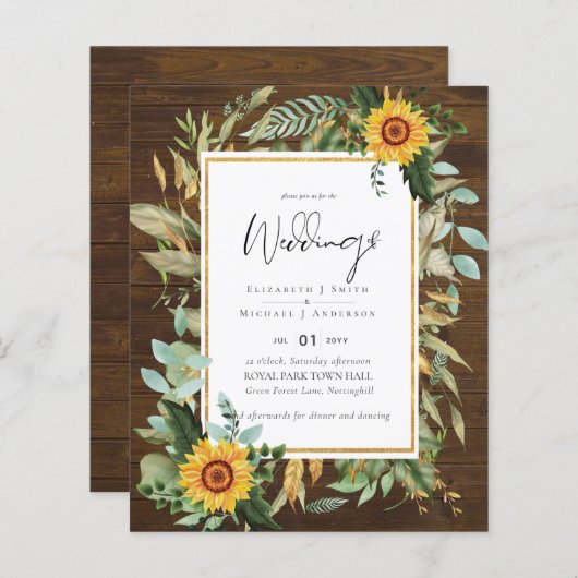 Boho Sunflower Greenery Waterverf Wedding BUDGET (Voorkant / Achterkant)