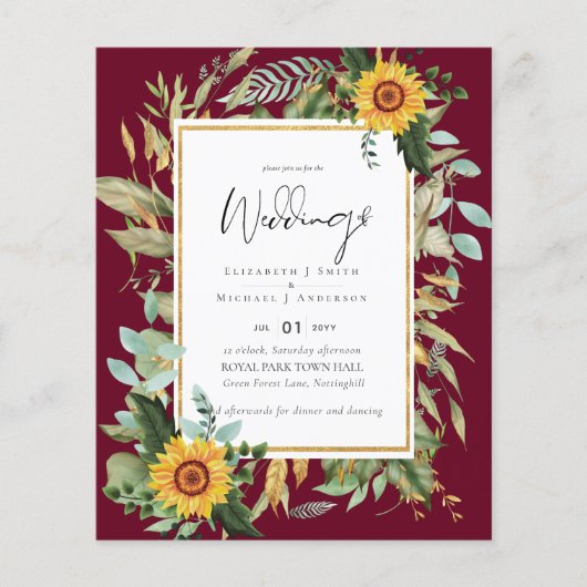 Boho Sunflower Greenery Waterverf Wedding BUDGET Flyer (Voorkant)
