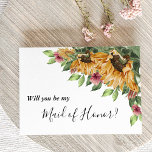 Boho Sunflower Maid of Honor proposal Kaart<br><div class="desc">Deze boho zonnebloem-kaartje van eer is perfect voor je moderne bohemitische bruiloft. Dit ontwerp is voorzien van zwarte eenvoudige kalligrafie met bijtende zonnebloemen, groen en bloemen op een neutrale heldere witte achtergrond, die overeenkomt met uw klassieke bruiloft of elegante boho bruiloft in de zomer of de herfst. Met alle vragen...</div>