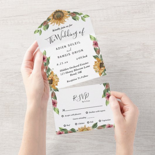 Boho Sunflower Menu Keuze RSVP Wedding All In One Uitnodiging (Afscheurbaar)