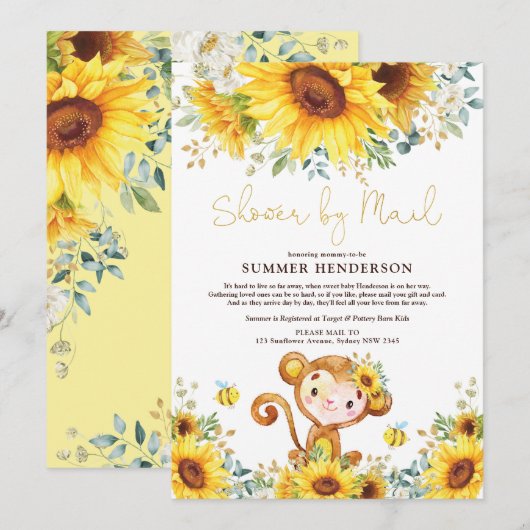 Boho Sunflower Monkey Baby shower per post Kaart (Voorkant / Achterkant)