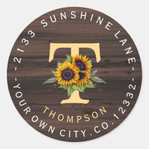 Boho Sunflower Monogram Circulair adres Ronde Sticker