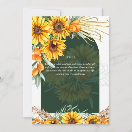 BOHO Sunflower Pampas Grass Emerald Green Wedding Kaart (Achterkant)