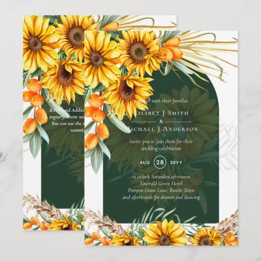 BOHO Sunflower Pampas Grass Emerald Green Wedding Kaart (Voorkant / Achterkant)
