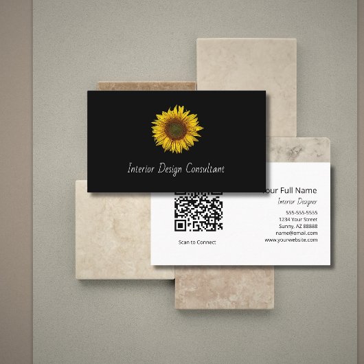 Boho Sunflower QR code Interior Designer Black  Visitekaartje