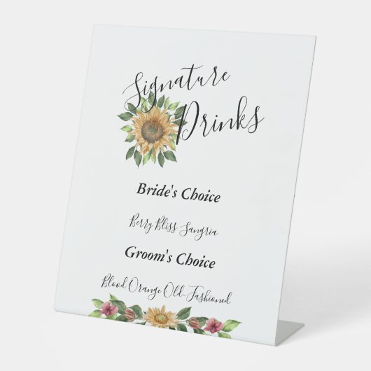 Boho Sunflower Rustic Wedding Signature Drinken Reclamebord Met Voetstuk (Voorkant)
