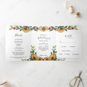 Boho Sunflower Rustic Wildflower Wedding Drieluik Uitnodiging