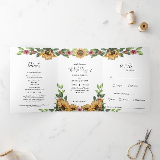 Boho Sunflower Rustic Wildflower Wedding Drieluik Uitnodiging (Binnen)
