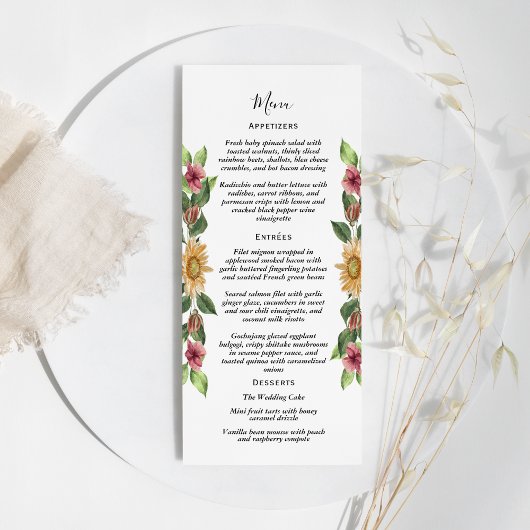 Boho Sunflower Rustic Wildflower Wedding Flat Menu