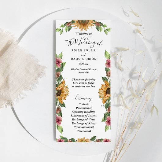 Boho Sunflower Rustic Wildflower Wedding Flat Programmakaart