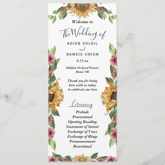 Boho Sunflower Rustic Wildflower Wedding Flat Programmakaart (Voorkant)