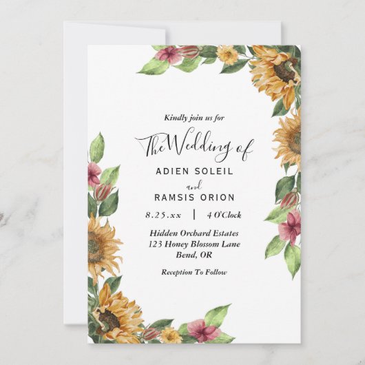 Boho Sunflower Rustic Wildflower Wedding Kaart (Voorkant)