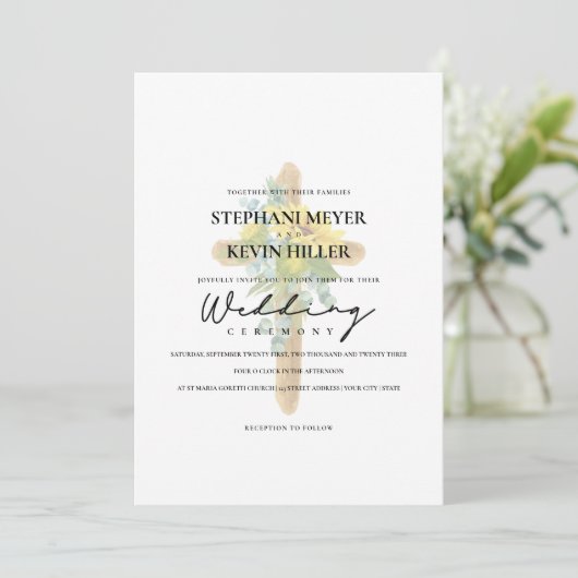 Boho Sunflower Rustic Wood Cross Wedding Kaart (Staand voorkant)