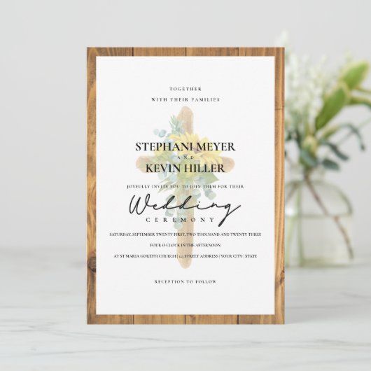 Boho Sunflower Rustic Wooden Cross Wedding Kaart (Staand voorkant)