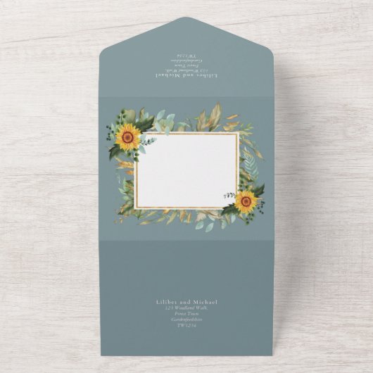 Boho Sunflower Sage Greenery Wedding All In One Uitnodiging (Buitenkant)