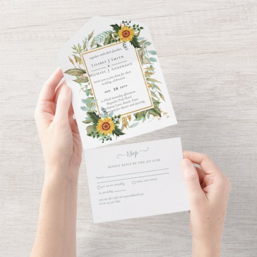 Boho Sunflower Sage Greenery Wedding All In One Uitnodiging (Afscheurbaar)
