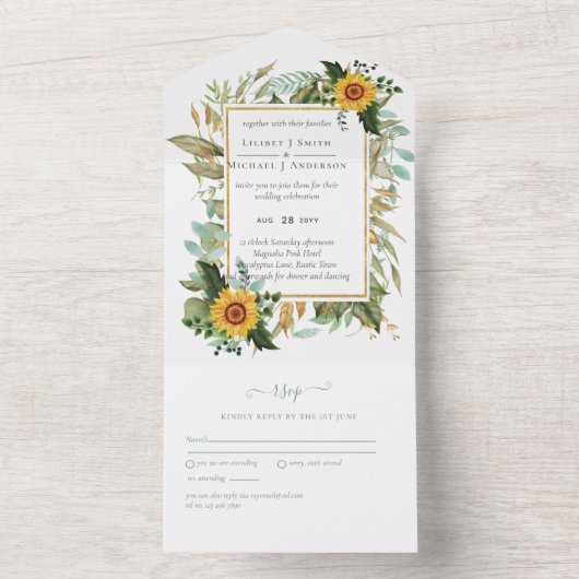 Boho Sunflower Sage Greenery Wedding All In One Uitnodiging (Binnen)