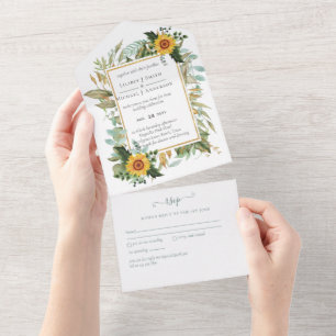 Boho Sunflower Sage Greenery Wedding All In One Uitnodiging