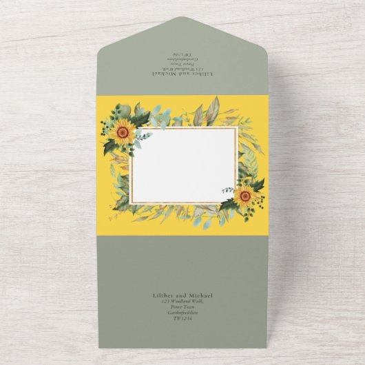 Boho Sunflower Sage Greenery Wedding All In One Uitnodiging (Buitenkant)