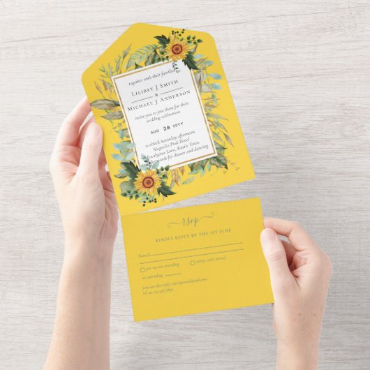Boho Sunflower Sage Greenery Wedding All In One Uitnodiging (Afscheurbaar)