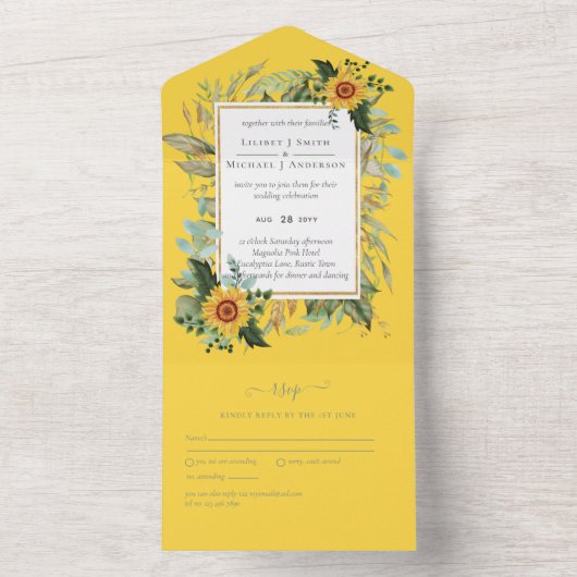 Boho Sunflower Sage Greenery Wedding All In One Uitnodiging (Binnen)