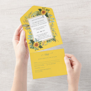 Boho Sunflower Sage Greenery Wedding All In One Uitnodiging