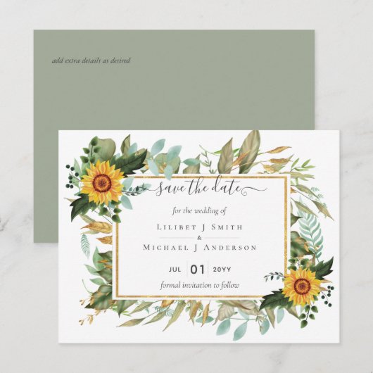 Boho Sunflower Sage Greenery Wedding Briefkaart (Voorkant / Achterkant)